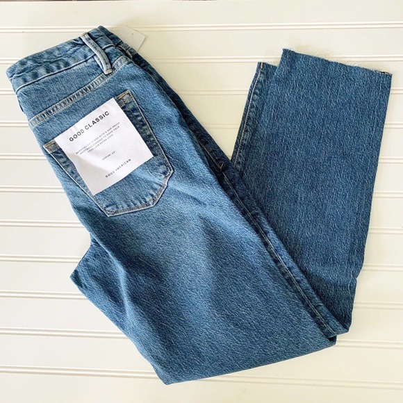 Good American Good Classic Jeans 0/25 High Rise Straight Raw Hem GCRH086TFT NWT - Picture 2 of 11